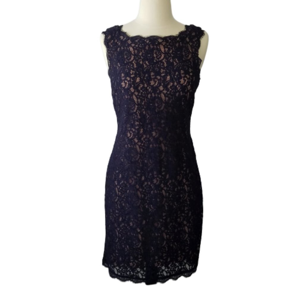 Adrianna Papell Navy Sheath Lace Cocktail Dress